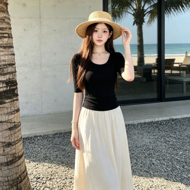 严选U领纯欲风正肩中袖T恤女夏季修身收腰巨好看辣妹短款半袖上衣
