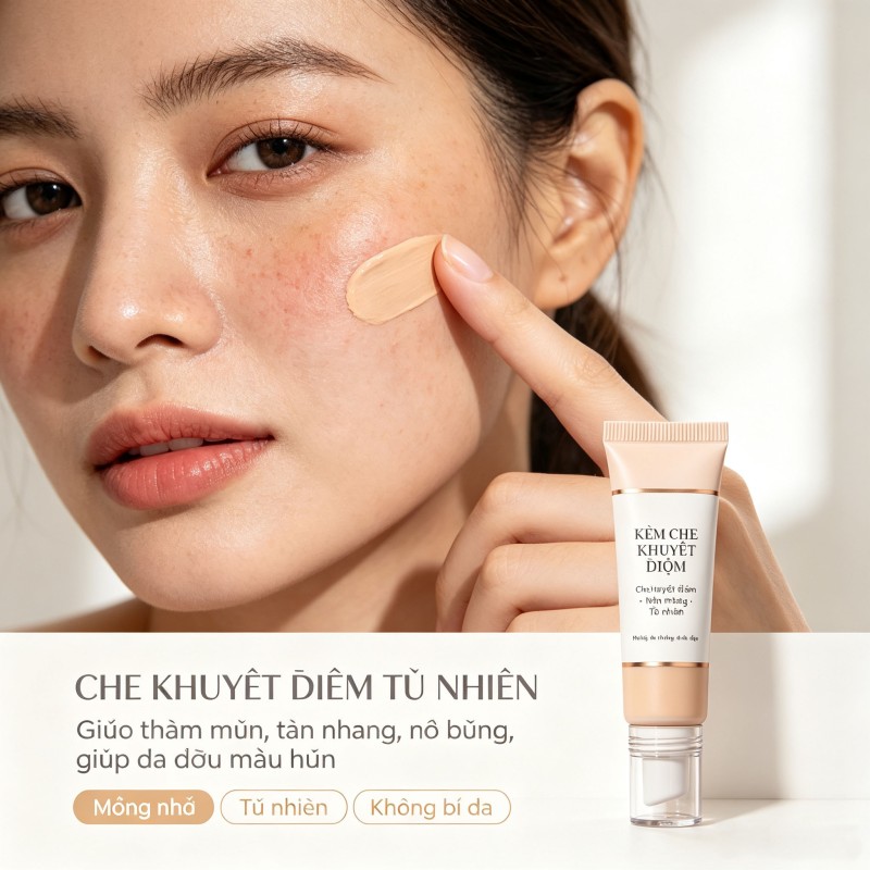 Kem che khuyết điểm có kết cấu mỏng nhẹ, dễ tán đều, giúp che thâm mụn, tàn nhang và đỏ bừng, mang lại làn da đều màu tự nhiên mà không nặng mặt.